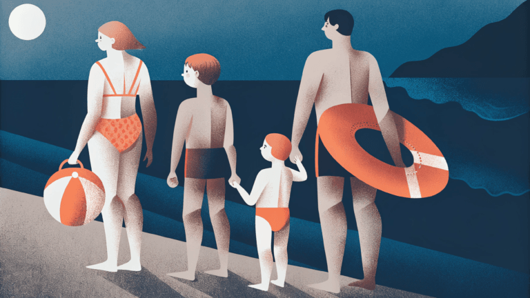 Итальянская семья с детьми в купальниках на летнем отдыхе