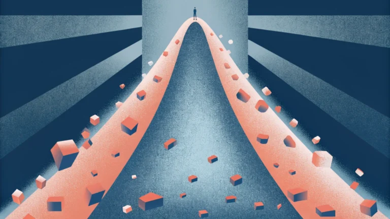 Одинокая фигура на вершине рассыпающейся кривой — метафора разворота 12 000 лет демографического роста