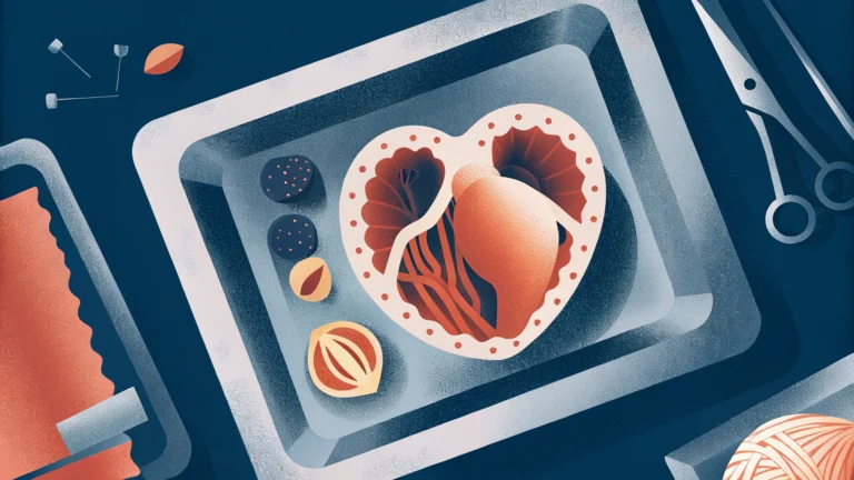 Любовь в разных культурах: анатомическое сердце в разрезе с культурными символами внутри — шоколад, лепестки, нити