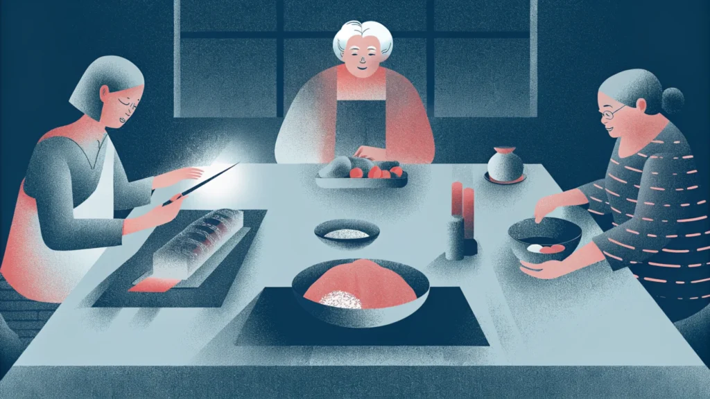 Три бабушки за общим столом бережно хранят еду – визуальная метафора отношения к еде в японской, китайской и постсоветской культуре