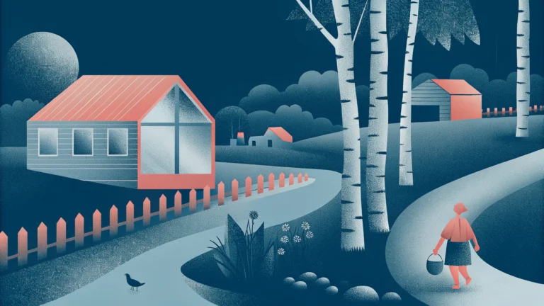 Русская деревня — берёзы, речка, деревянные дома, забор