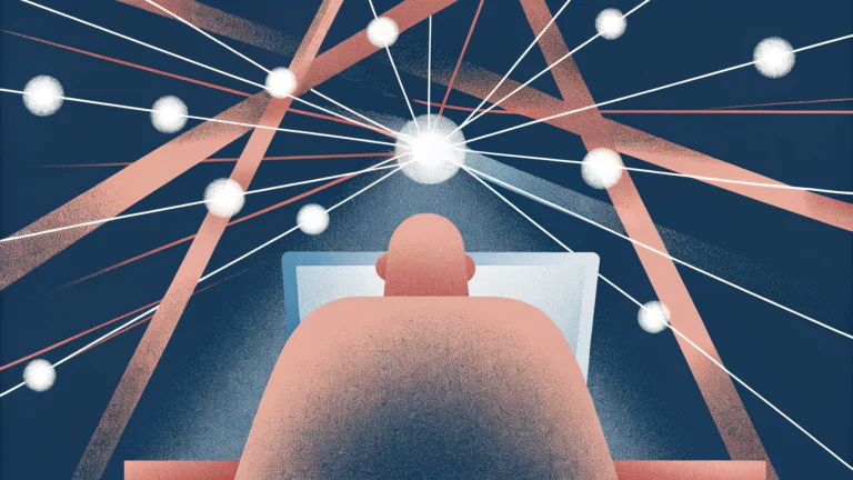 Недосыпание и мозг: светящиеся нейронные связи исходят от головы человека за ноутбуком ночью