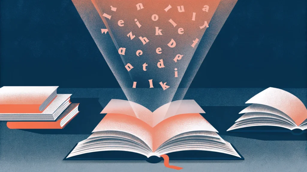 Раскрытые книги с буквами, рассеивающимися вверх — визуальная метафора деменции в текстах Пратчетта