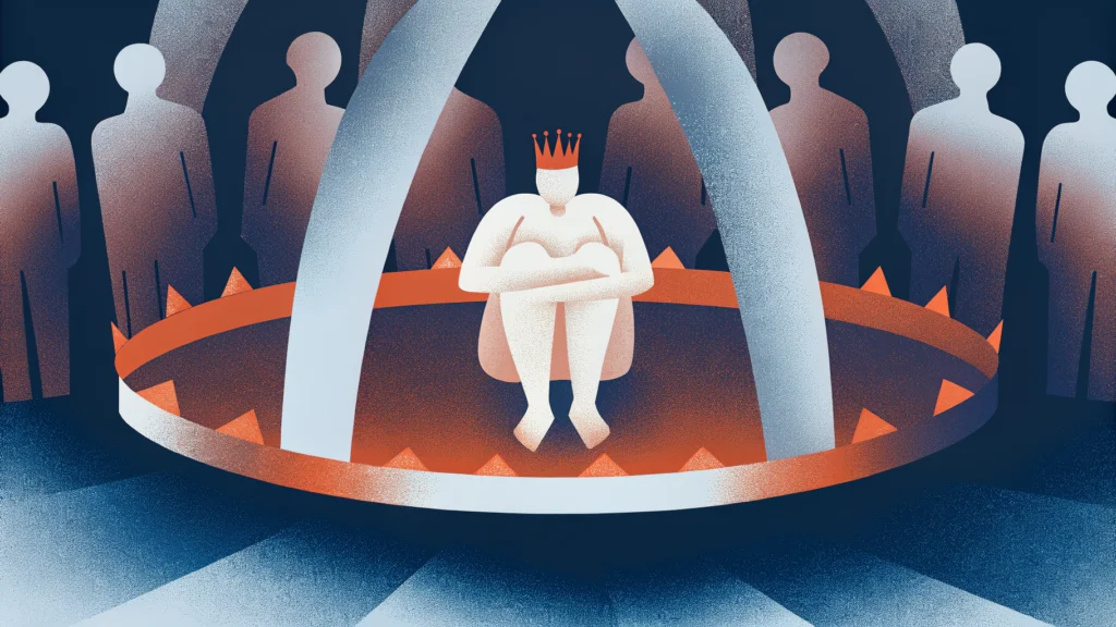 Профессиональная жертва — фигура в короне внутри клетки, окружённая уходящими силуэтами людей, метафора хронической жертвенности и нарциссизма