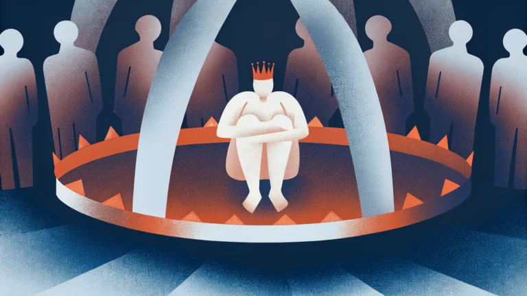 Профессиональная жертва — фигура в короне внутри клетки, окружённая уходящими силуэтами людей, метафора хронической жертвенности и нарциссизма