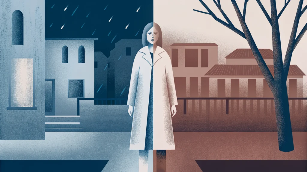 Женщина в пальто стоит на границе двух миров: слева — холодный синий европейский город под дождём, справа — тёплый терракотовый южный город. Иллюстрация к статье о внутриевропейской миграции