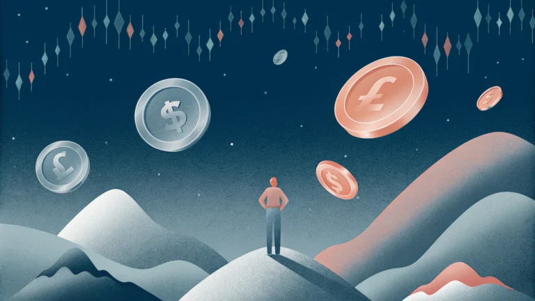 Человек на вершине горы смотрит на монеты-планеты с символами валют в ночном небе