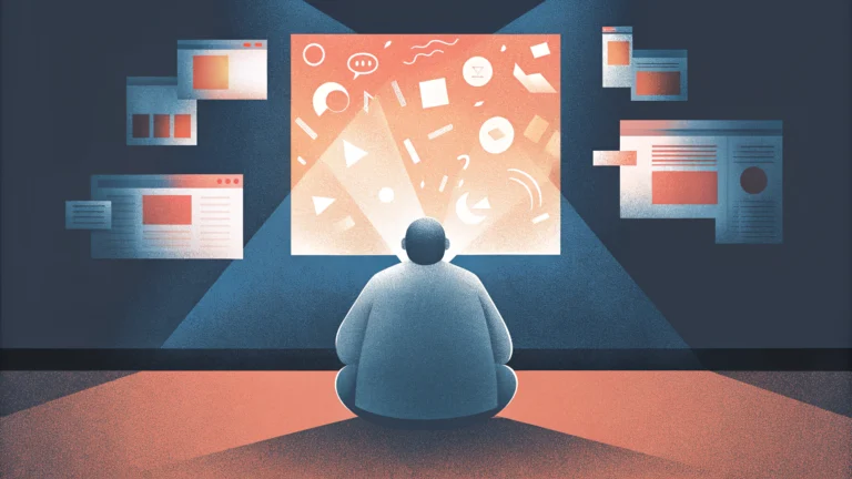 Человек сидит спиной к зрителю в тёмной комнате, окружённый экранами и потоком информации — иллюстрация к статье о намеренном незнании